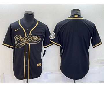 Men's Green Bay Packers Blank Black Gold With Patch Cool Base Stitched Baseball Jersey