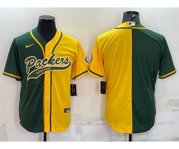Men's Green Bay Packers Blank Green Yellow Split With Patch Cool Base Stitched Baseball Jersey