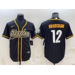 Men's Pittsburgh Steelers #12 Terry Bradshaw Black With Patch Cool Base Stitched Baseball Jersey