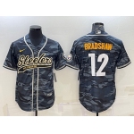 Men's Pittsburgh Steelers #12 Terry Bradshaw Grey Navy Camo With Patch Cool Base Stitched Baseball Jersey