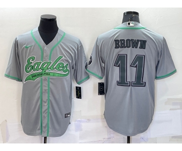 Men's Philadelphia Eagles #11 AJ Brown Grey With Patch Cool Base Stitched Baseball Jersey