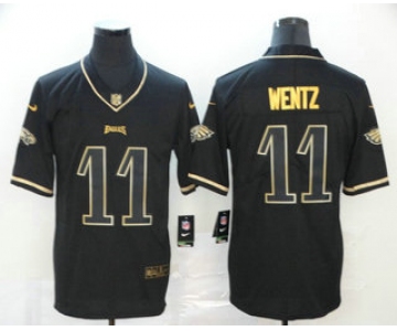 Men's Philadelphia Eagles #11 Carson Wentz Black 100th Season Golden Edition Jersey