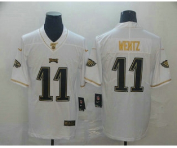 Men's Philadelphia Eagles #11 Carson Wentz White 100th Season Golden Edition Jersey