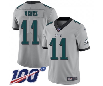 Nike Eagles #11 Carson Wentz Silver Men's Stitched NFL Limited Inverted Legend 100th Season Jersey