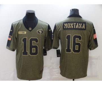 Men's San Francisco 49ers #16 Joe Montana 2021 Olive Salute To Service Limited Stitched Jersey