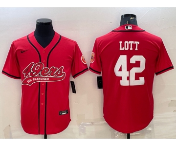 Men's San Francisco 49ers #42 Ronnie Lott Red With Patch Cool Base Stitched Baseball Jersey