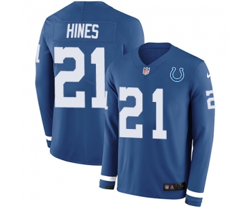 Nike Colts #21 Nyheim Hines Royal Blue Team Color Men's Stitched NFL Limited Therma Long Sleeve Jersey