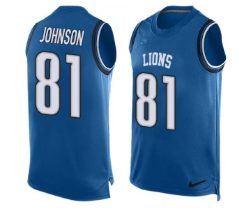 Men's Detroit Lions #81 Calvin Johnson Light Blue Hot Pressing Player Name & Number Nike NFL Tank Top Jersey