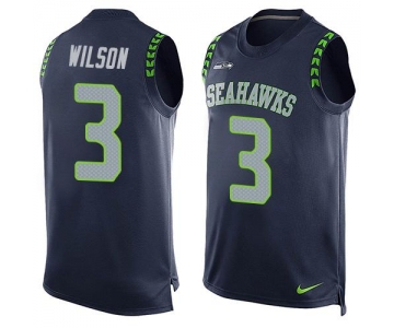 Men's Seattle Seahawks #3 Russell Wilson Navy Blue Hot Pressing Player Name & Number Nike NFL Tank Top Jersey