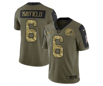 Men's Olive Cleveland Browns #6 Baker Mayfield 2021 Camo Salute To Service Limited Stitched Jersey