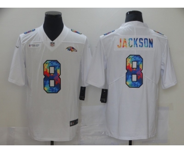 Men Baltimore Ravens 8 Jackson White Nike Rainbow version 2021 NFL Jersey