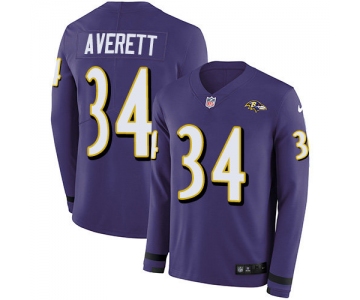 Nike Ravens #34 Anthony Averett Purple Team Color Men's Stitched NFL Limited Therma Long Sleeve Jersey