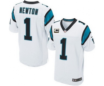 Nike Carolina Panthers #1 Cam Newton White C Patch Elite Jersey