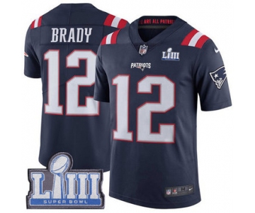 Men's New England Patriots #12 Tom Brady Navy Blue Nike NFL Rush Vapor Untouchable Super Bowl LIII Bound Limited Jersey