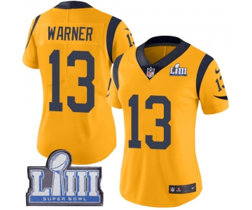 #13 Limited Kurt Warner Gold Nike NFL Women's Jersey Los Angeles Rams Rush Vapor Untouchable Super Bowl LIII Bound
