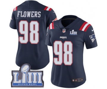 #98 Limited Trey Flowers Navy Blue Nike NFL Women's Jersey New England Patriots Rush Vapor Untouchable Super Bowl LIII Bound