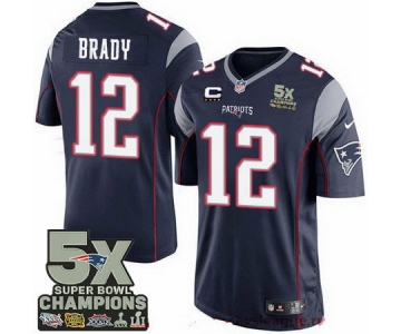 Men's New England Patriots #12 Tom Brady Navy Blue C Patch Five Super Bowl Champs 5X Champions Stitched NFL Nike Game Jersey