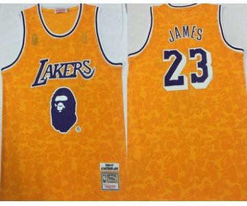 Lakers Bape 23 Lebron James Yellow 1996-97 Hardwood Classics Jersey
