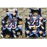 Men's Los Angeles Lakers #23 LeBron James Ness Floral Fashion Hardwood Classics Soul Swingman Throwback Shorts