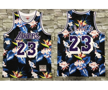 Men's Los Angeles Lakers #23 LeBron James Ness Floral Fashion Hardwood Classics Soul Swingman Throwback Shorts