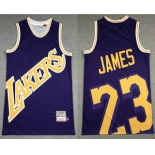 Men's Los Angeles Lakers #23 LeBron James Purple Big Face Mitchell Ness Hardwood Classics Soul Swingman Throwback Jersey