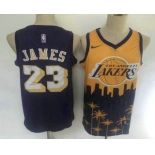 Men's Los Angeles Lakers #23 LeBron James Purple with Yellow Salute Nike Swingman Stitched NBA Jersey