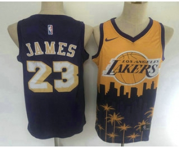 Men's Los Angeles Lakers #23 LeBron James Purple with Yellow Salute Nike Swingman Stitched NBA Jersey