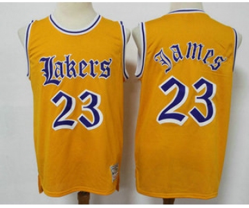 Men's Los Angeles Lakers #23 LeBron James Yellow English Version Hardwood Classics Soul Swingman Throwback Jersey
