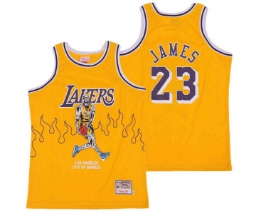 Men's Los Angeles Lakers #23 LeBron James Yellow Hardwood Classics Skull Edition Jersey