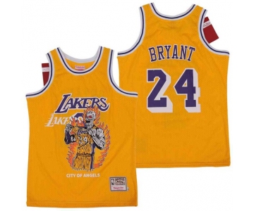 Men's Los Angeles Lakers #24 Kobe Bryant Yellow Hardwood Classics Skull Edition Jersey