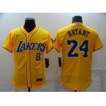 Men's Los Angeles Lakers #8 #24 Kobe Bryant Yellow Stitched Flex Base Nike Baseball Jersey