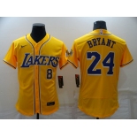 Men's Los Angeles Lakers #8 #24 Kobe Bryant Yellow Stitched Flex Base Nike Baseball Jersey