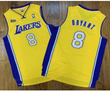 Men's Los Angeles Lakers #8 Kobe Bryant Yellow Champion Patch 1999-2000 Hardwood Classics Soul Swingman Throwback Jersey