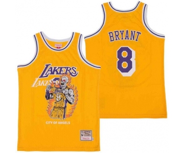 Men's Los Angeles Lakers #8 Kobe Bryant Yellow Hardwood Classics Skull Edition Jersey