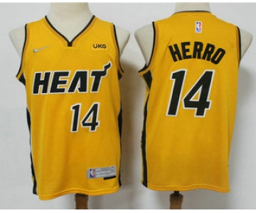 Men's Miami Heat #14 Tyler Herro Yellow Nike Swingman 2021 Earned Edition Stitched Jersey With NEW Sponsor Logo