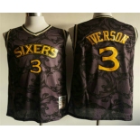 Men's Philadelphia 76ers #3 Allen Iverson 1996-97 Purple With Yellow Hardwood Classics Soul Swingman Throwback Jersey
