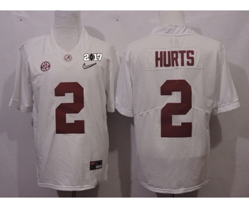 Men's Alabama Crimson Tide #2 Jalen Hurts White Diamond Quest 2017 Championship Game Patch Stitched CFP Nike Limited Jersey