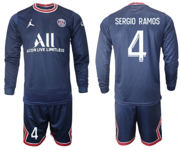 Men 2021-2022 Club Paris St German home blue Long Sleeve 4 Soccer Jersey