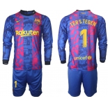 Men 2021-2022 Club Barcelona Second away blue Long Sleeve 1 Soccer Jersey