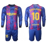 Men 2021-2022 Club Barcelona Second away blue Long Sleeve 10 Soccer Jersey