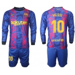 Men 2021-2022 Club Barcelona Second away blue Long Sleeve 10 Soccer Jerseys