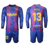 Men 2021-2022 Club Barcelona Second away blue Long Sleeve 13 Soccer Jersey