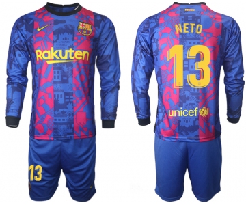 Men 2021-2022 Club Barcelona Second away blue Long Sleeve 13 Soccer Jersey