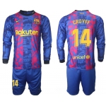 Men 2021-2022 Club Barcelona Second away blue Long Sleeve 14 Soccer Jersey