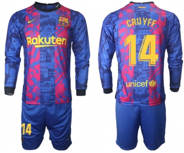 Men 2021-2022 Club Barcelona Second away blue Long Sleeve 14 Soccer Jersey