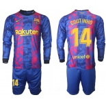 Men 2021-2022 Club Barcelona Second away blue Long Sleeve 14 Soccer Jerseys