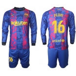 Men 2021-2022 Club Barcelona Second away blue Long Sleeve 16 Soccer Jersey