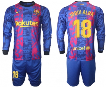 Men 2021-2022 Club Barcelona Second away blue Long Sleeve 18 Soccer Jersey