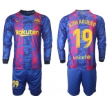 Men 2021-2022 Club Barcelona Second away blue Long Sleeve 19 Soccer Jersey