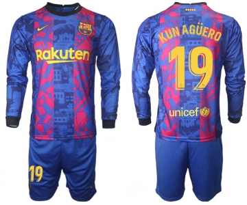 Men 2021-2022 Club Barcelona Second away blue Long Sleeve 19 Soccer Jersey